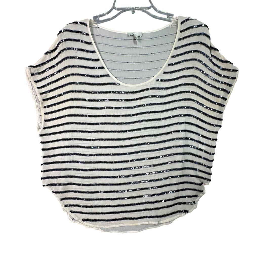Joie Silk Sequin Striped Blouse Scoop Neck Cap Sleeve Glam Boho Sz S White Black